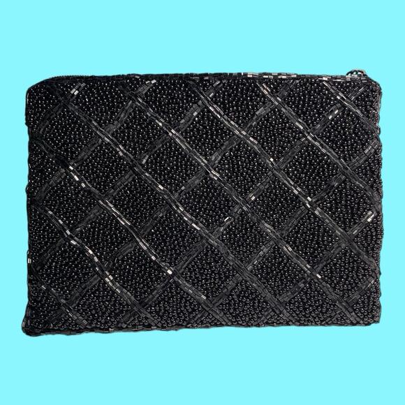 Lancome Beaded Clutch Evening Bag Zipper 4 1/2” X 6” Black - Picture 7 of 13